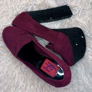 VTG Y2K Fahrenheit Burgundy Suede Platform Penny Loafer Pumps, Sequin Heel - 7